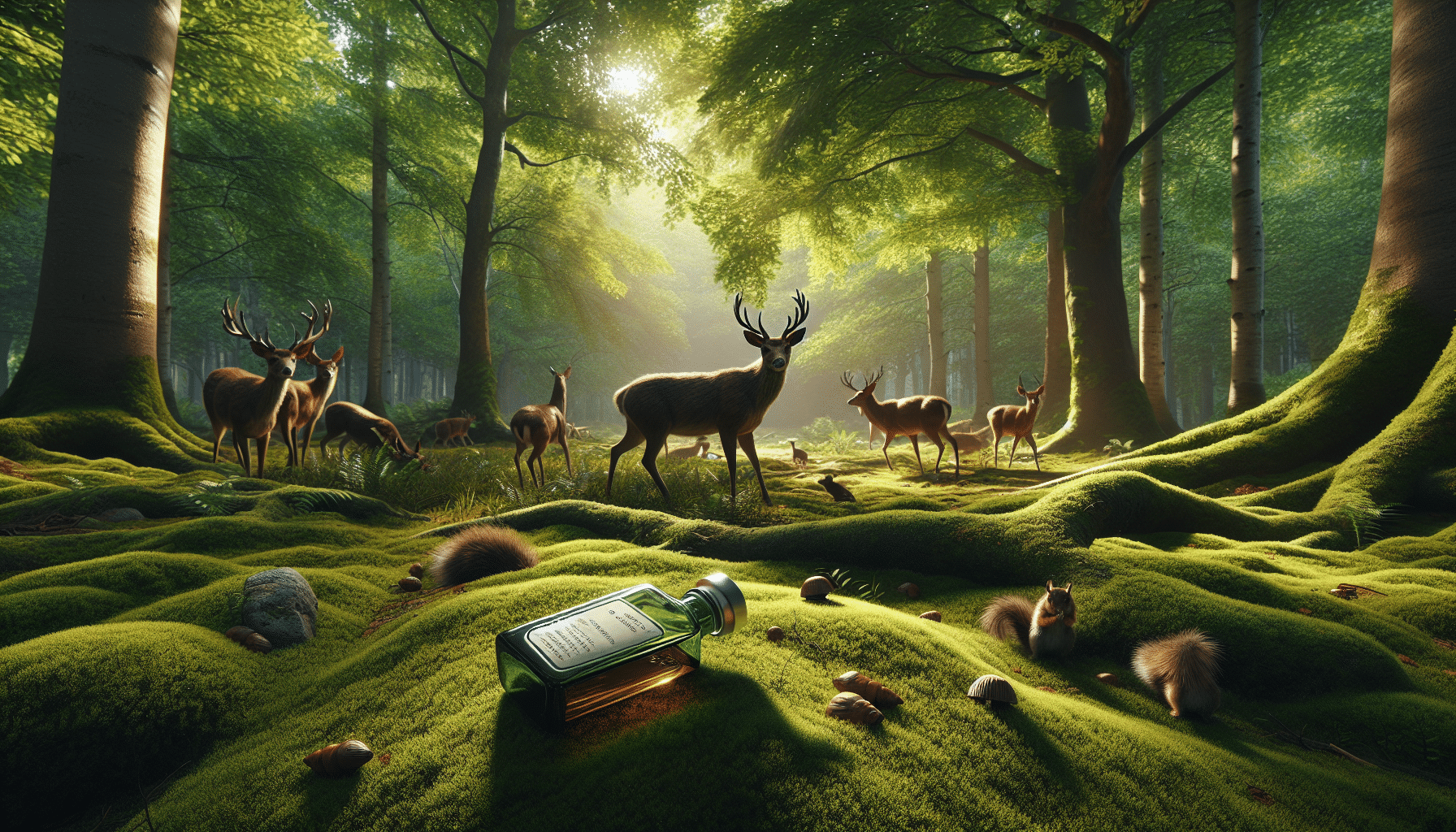 A richly detailed, hyper-realistic woodland scene. Sunlight filters through the dense canopy of tree leaves. In the foreground, a small bottle without any labels lies overturned, drops of deer scent dripping out onto the mossy forest floor. Several yards away, a group of deer are cautiously sniffing the air. Their large brown eyes and high-alert posture indicating they have picked up the heavy deer scent in the air. To the right of the scene, a couple of squirrels are playfully chasing each other, oblivious to the concentrated deer scent. This scene is devoid of humans, text, brand names or logos.