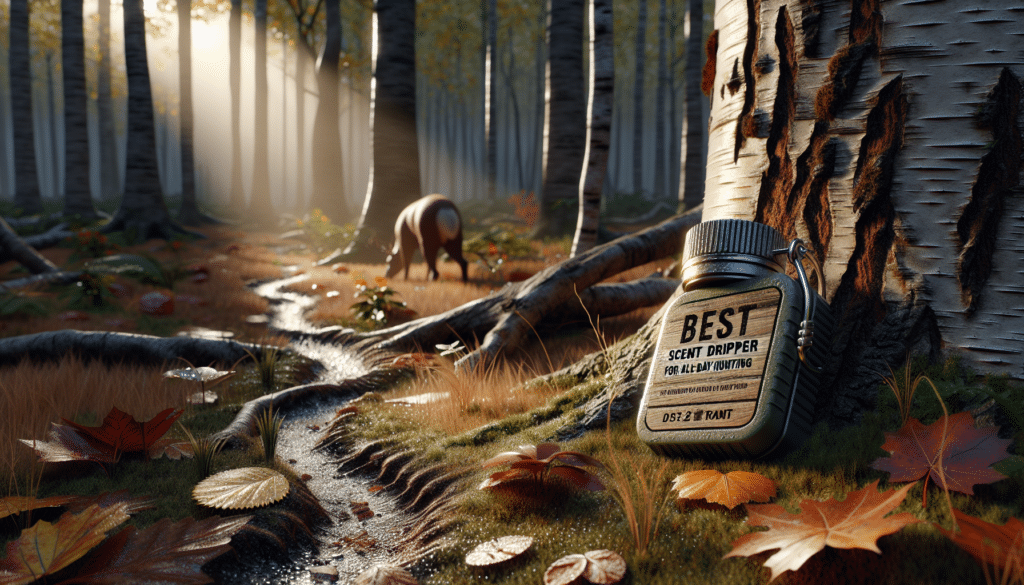 A hyper-realistic representation of the best scent dripper for all-day hunting. The scent dripper is placed on rugged forest ground covered in autumnal leaves, adding to the hunting atmosphere. Nearby a subtle trail is left by the dripper, leading deeper into the thick woodland, highlighting its purpose for tracking. Lighting in the scene is provided by a warm afternoon sunlight filtering through the overhead leaf canopy. Details such as dew on grass, texture of the bark, and individual leaves on the ground add to realism. No text, labels, logos, or people are present.