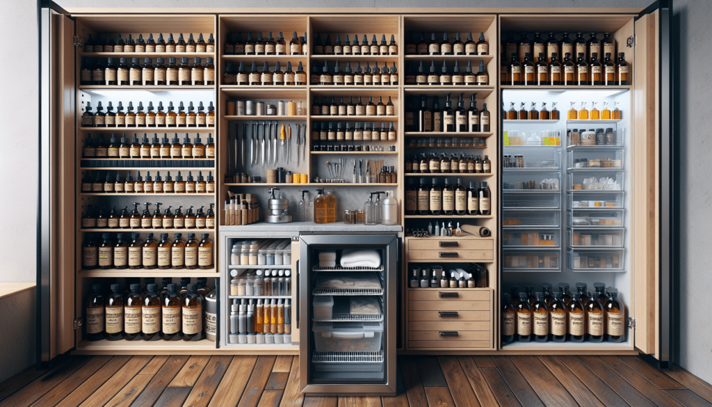 A hyper realistic image of a very organized room specifically made for storing hunting gear. Within the room, a neat shelf dedicated to deer scents stands out. Various types of unbranded bottles and jars with dark amber, light yellow or clear liquids are placed on the shelves orderly. Some bottles have droppers, and some have atomizers. Near the shelf, a refrigerator is designed for special storage. It contains sealed containers and airtight bags, kept at a cool temperature. On the side, there's a cabinet with various non-text-bearing tools like cleaning kits and gloves. The whole room is spotlessly clean and well-lit, giving an aroma of professionalism and meticulousness.