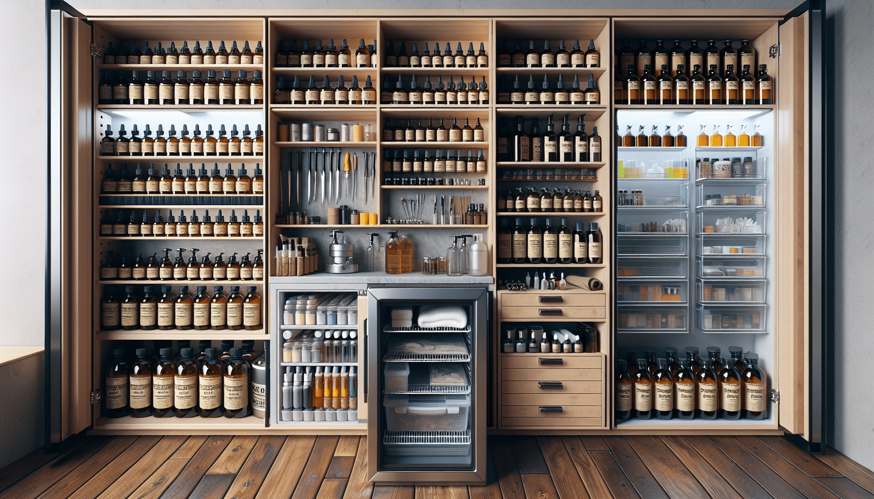 A hyper realistic image of a very organized room specifically made for storing hunting gear. Within the room, a neat shelf dedicated to deer scents stands out. Various types of unbranded bottles and jars with dark amber, light yellow or clear liquids are placed on the shelves orderly. Some bottles have droppers, and some have atomizers. Near the shelf, a refrigerator is designed for special storage. It contains sealed containers and airtight bags, kept at a cool temperature. On the side, there's a cabinet with various non-text-bearing tools like cleaning kits and gloves. The whole room is spotlessly clean and well-lit, giving an aroma of professionalism and meticulousness.