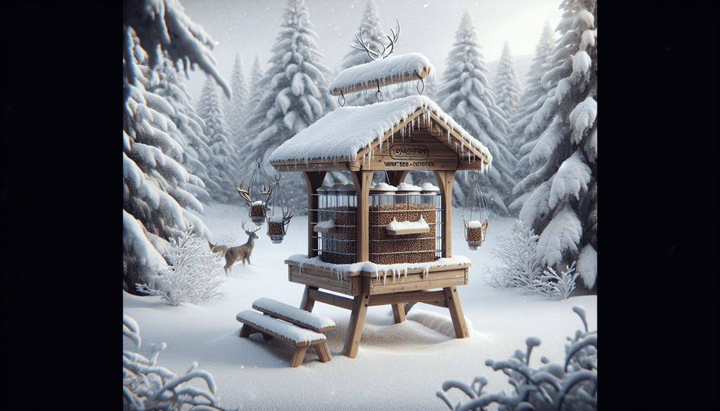 Imagine an image that shows the process of winterizing a deer feeder. You witness a deer feeder intricately set amongst a beautiful, snowy winter landscape. The feeder, made of wood and free from any text, labels or brands, is adjusted for winter, with a special roof to provide shelter from the snow. The feeder is filled to the brim with food, sealed to protect it from weather conditions. Meanwhile, the area underneath has been cleared to allow deer easy access. The image is hyper-realistically drawn, paying great attention to the smallest details of the snowflakes, the texture of the feeder, and the serene atmosphere.