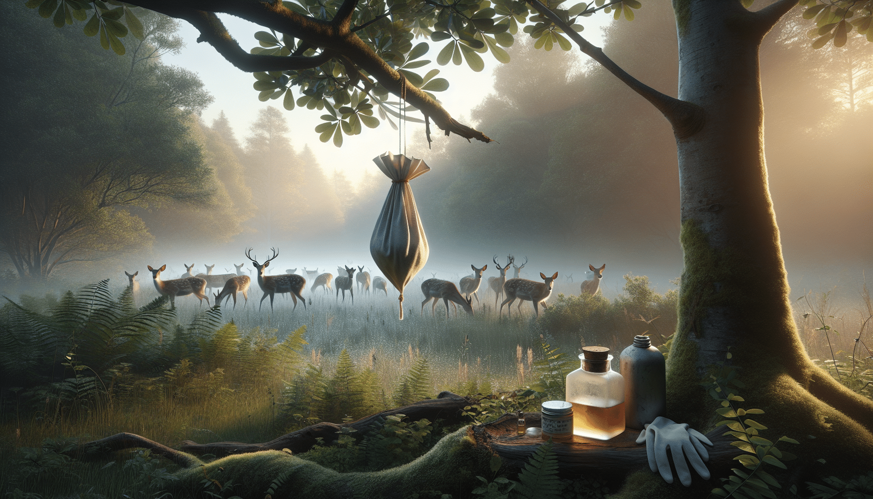 A photorealistic image of a serene forest scene at dawn. Dew is still on the grass, making everything glisten in the gentle light of the rising sun. In one corner of the image is a handmade scent wick hanging from a low-lying branch of an oak tree. The scent wick is composed of cotton fabric soaked in liquid and made to look like it's been actively used. It is outfitted with gloves and a bottle nearby suggesting the presence of a human without directly showing one. Beyond this, a herd of deer cautiously approaches from the forest undergrowth, their noses lifted to sniff the air, clearly picking up the scent from the wick. The deer demonstrate an interest without directly approaching the scent wick, leaving room for interpretation on its effectiveness.