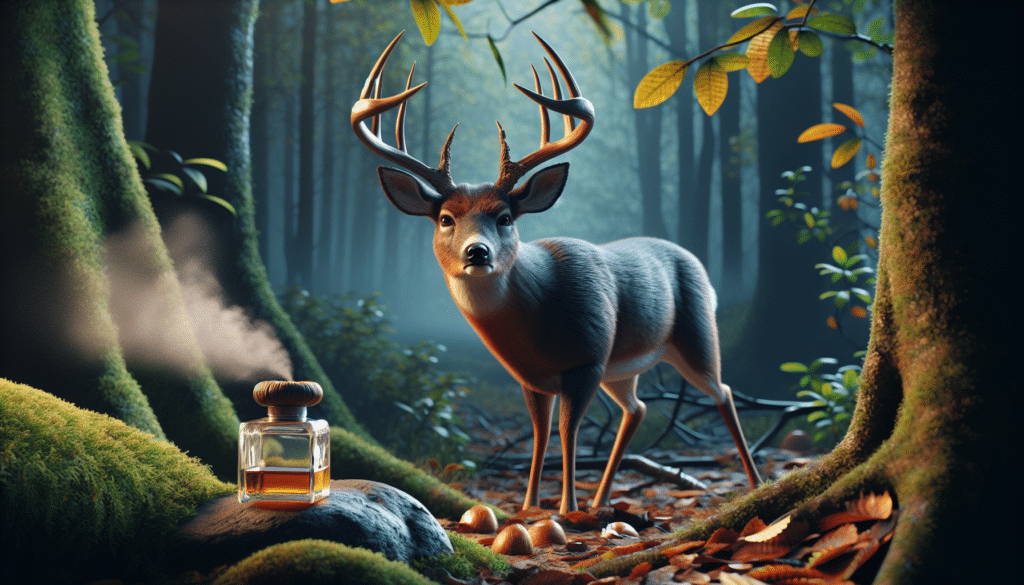 A realistic scene set in the wilderness during deer rut season. At the center of the image, a powerful buck stands alert, its ears perked and nostrils flared, with an air of masculinity. Close to this majestic creature, show a scent-infused tarsal gland, exuding a faint mist. The gland should look natural and fresh, possibly placed alongside a leafy branch or a stone to avoid direct contact with the ground. Include a cooler autumn climate with fallen leaves and a slight mist in a dense forest environment to signify the rut hunting period. The atmosphere should appear serene yet intense, capturing the essence of nature and the rituals of wildlife.
