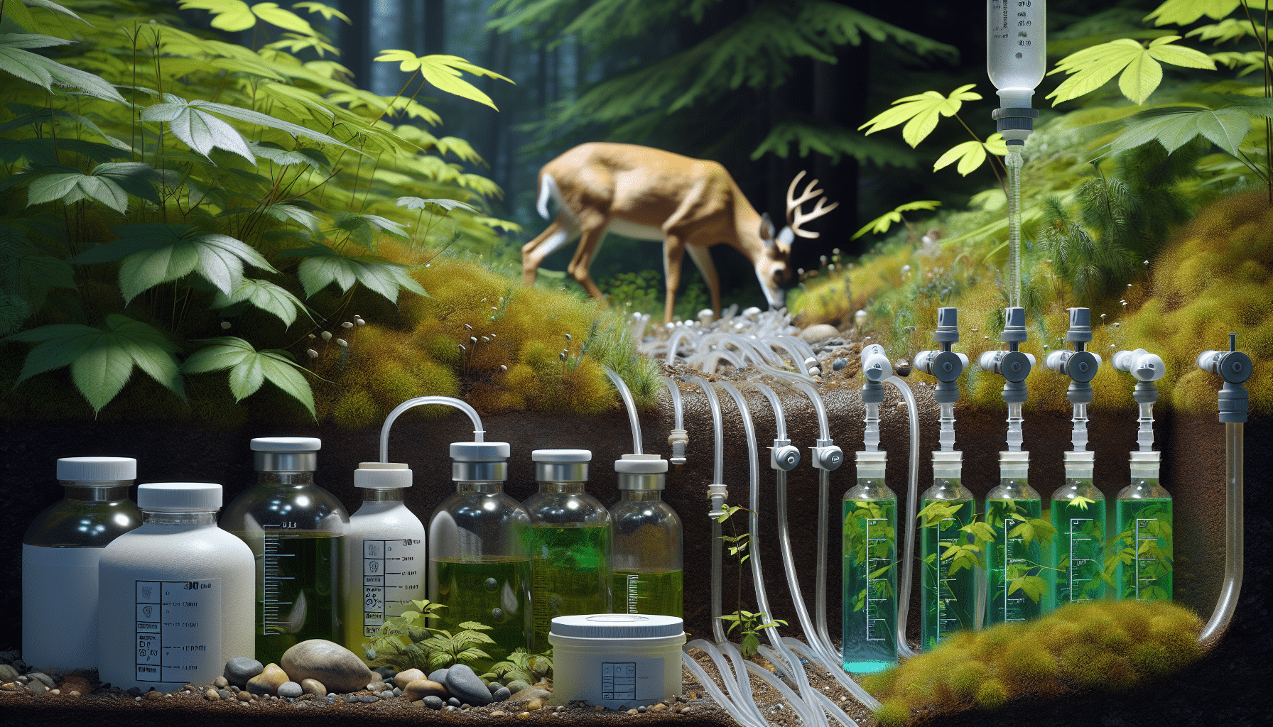 A hyper-realistic image showcasing the process of collecting and storing doe urine ethically, for scientific purposes. The image should depict sterile bottles and jars, some small enough to be hidden among foliage, along with various forest vegetation. Also show a subtle pipeline system with tiny valves, gently inserted into the soil cloaked by the greenery, leading towards the storage jars. In the background, a silhouette of a deer can be seen drinking water from a stream, to subtly hint at the source. No human presence, text, brand names or logos should be included in the image.