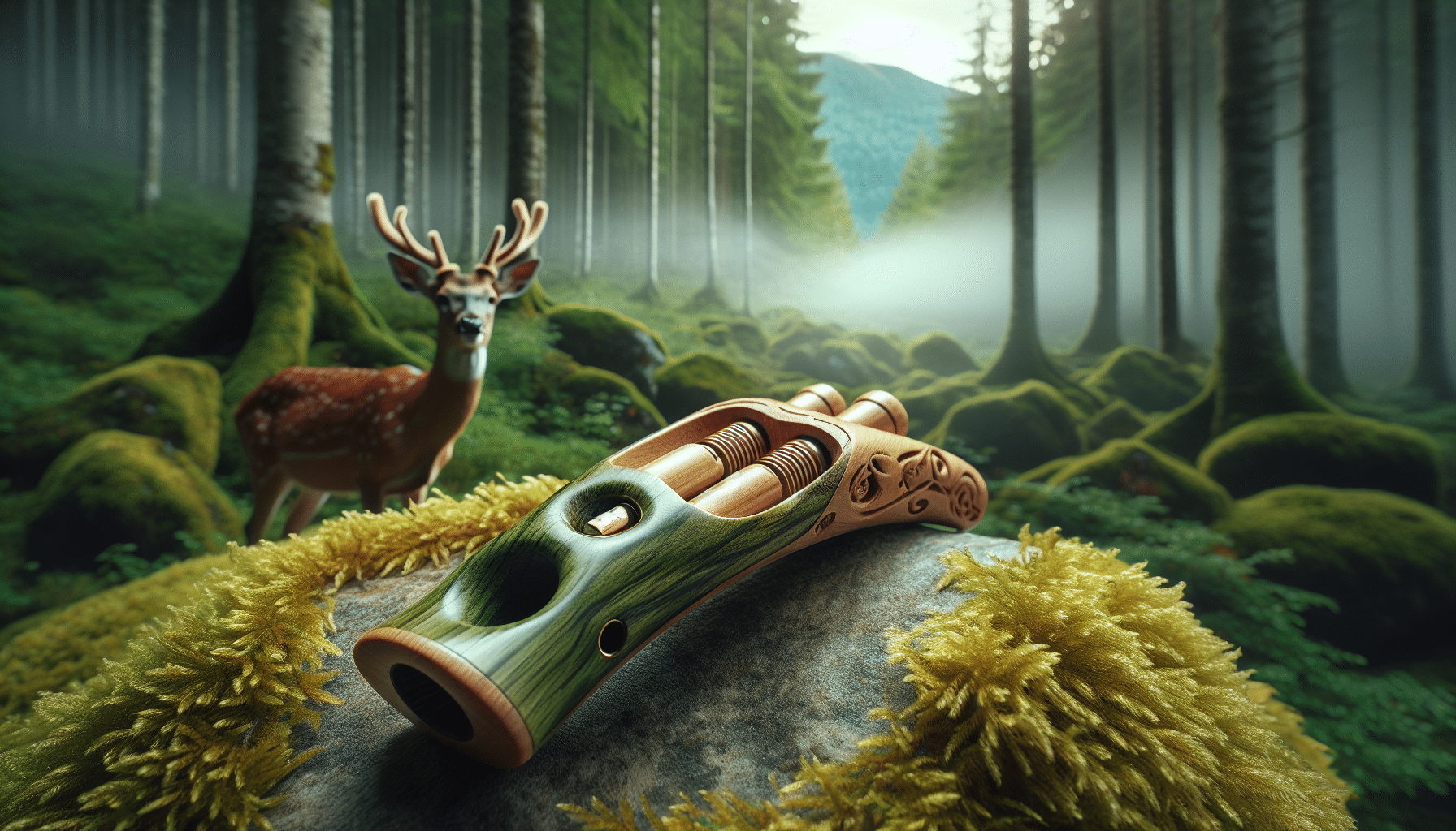 A hyper-realistic image of a deer call device made from hand-carved wood and set against a backdrop of a pristine forest. The device is elegantly designed, resembling a whistle, with hollow tubes and small metallic elements for manipulating pitch and volume. It's resting on a flat, moss-covered rock with a soft mist shrouding the emerald canopy. Nearby, a curious deer peeks out from the shadows, disturbed by the alien sound. Be attentive to not include any text, brand names, logos, or people within this image.