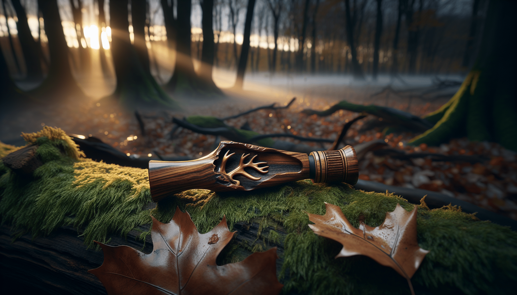 A hyper-realistic image showcasing the setting of a woodland during the pre rut period. The ground is scattered with fallen autumn leaves, a chill is in the air signifying the transition into fall. The focal point of the image is a hand-crafted, unbranded grunt call, carved from natural wood. It's displayed prominently on an aged, mossy log, lit by the warm, setting sun. The detalis of the grunt call demonstrate a high-quality craftsmanship. Additionally, a subtle mist blankets the woodland floor, adding a sense of mystique to the overall atmosphere.