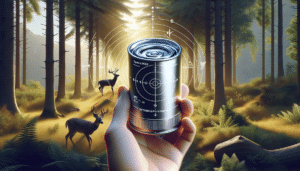 An ultra-realistic image showcasing a small, cylindrical 'can' device, which is used for mimicking the sound of a doe - a female deer. The can should look simple, avoiding any brand names or logos. The background should be a serene, forest environment, indicating the natural habitat of deer. Detailed visual guides (like arrows or hand-like shapes) may be implemented to indicate the rotational action typically involved in using the device. Sunlight filters through the spread out tree branches, creating a scattering of light and shade throughout the landscape.