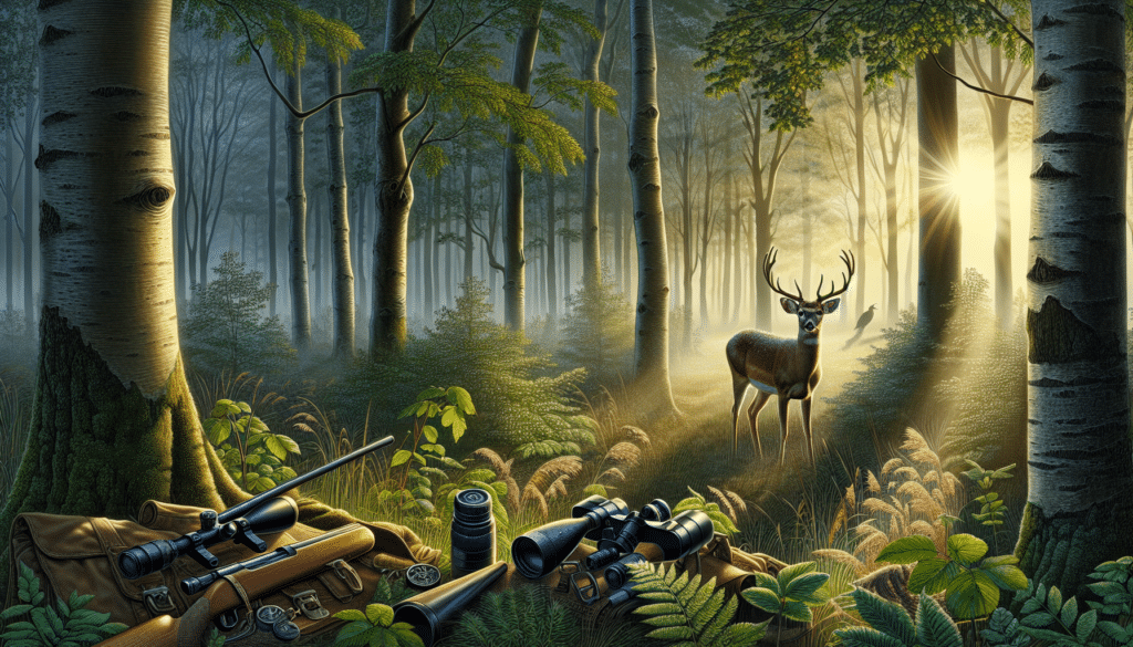Make an extremely realistic and detailed drawing of a calm, dense forest scene at dawn. Patches of sunlight are filtering through the misty air, and dewdrops cling to the leaves and grass. A cautious deer is featured prominently in the foreground, its ears perked up and eyes wide, as it listens intently, not responding to an unseen caller. Include a few visible, unbranded hunting gadgets strategically placed close by like a hunting call device and binoculars, suggesting the unseen individual's unsuccessful attempts at luring the deer. There are no people or text included in the image.