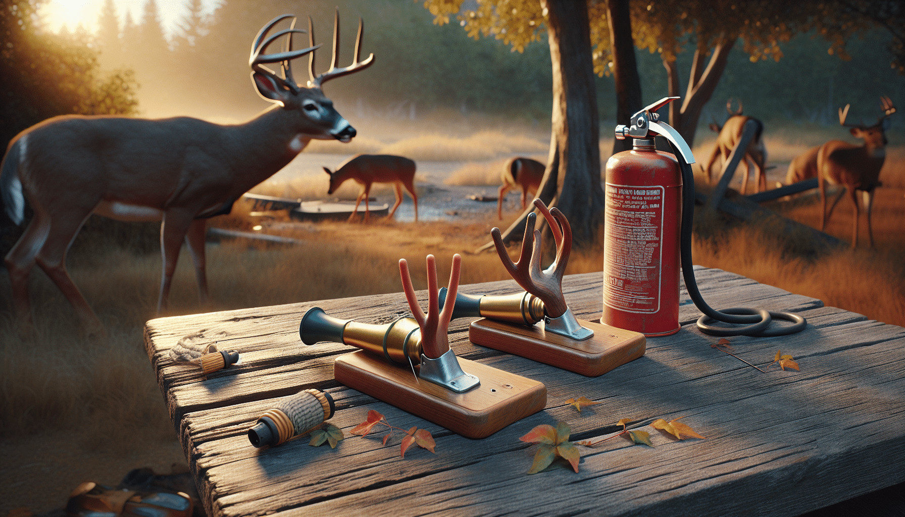 Create a hyper-realistic scene where two different deer calls, distinguishable by their shape and color, are laid out side by side on an old, weathered wooden table outdoors. One deer call looks like a peculiar contraption with a series of tubes and is the same color as an extinguisher, while the other is more traditional-looking with a wooden mouthpiece and a flexible tube. The setting is quiet and serene, lit by the warm glow of a setting sun. Close by, a cautious deer is seen, its ears perked up, listening attentively to the calls. No text, people, or logos are included in the scene.