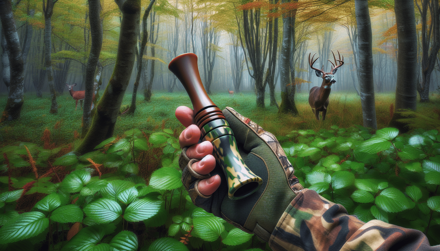 A hyper-realistic scene set in a lush forest during early autumn, the time when deer are most active. In it, a hunter's camouflage glove delicately holds a grunt call, recognizable by its elongated, tube-like shape. This scene is silent and devoid of people, focusing solely on the interaction between the tool and nature. Surrounding it are trees with their leaves just starting to turn varying shades of orange, gold, and red. A curious deer stands far off in the background among the bushes, its ears perked up, suggesting the idea of the grunt call being used.