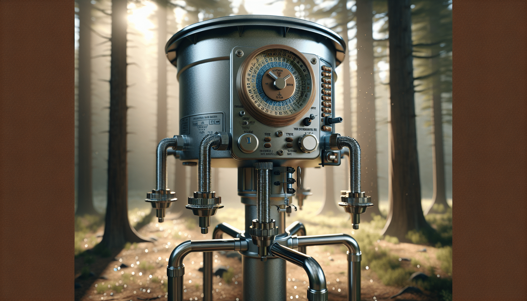 A hyper-realistic image of a wildlife feeder typically used for deer in wooded surroundings. It has an integrated timer mechanism, shown up close to emphasize its intricate programming features. The feeder, subtly constructed of metal and plastic, stands tall against the backdrop of tall trees and speckled sunlight. It's bucket-shaped with pipes extending below for dispensing food. A clock-like mechanism denoting the timer is visible, revealing a variety of control buttons. Ensure the image does not include any text, people, brand names or logos. The focus is purely on the device and its surroundings.