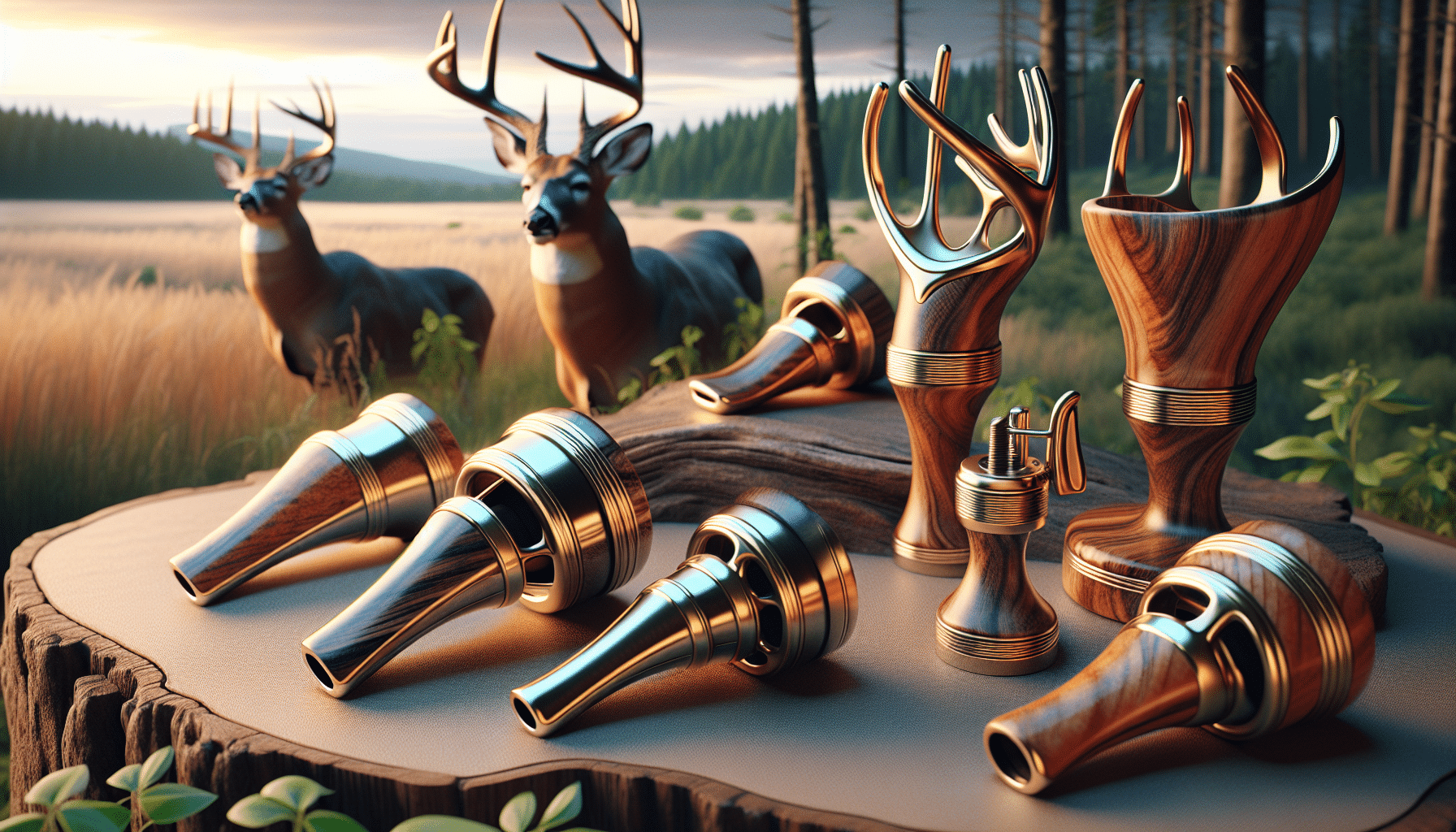 A hyper-realistic image presenting an assortment of high-quality snort wheeze calls for mature bucks. The image showcases various ergonomic designs of these calls, sculpted meticulously from hard wood and polished metal. The natural elements, such as the forest or meadow background with mature bucks roaming within sight, are luxuriously executed. The soft, warming glow of the natural afternoon light refracts poetically off the metallic elements of the calls, accentuating their design features, without showing any text or brand names on the items.