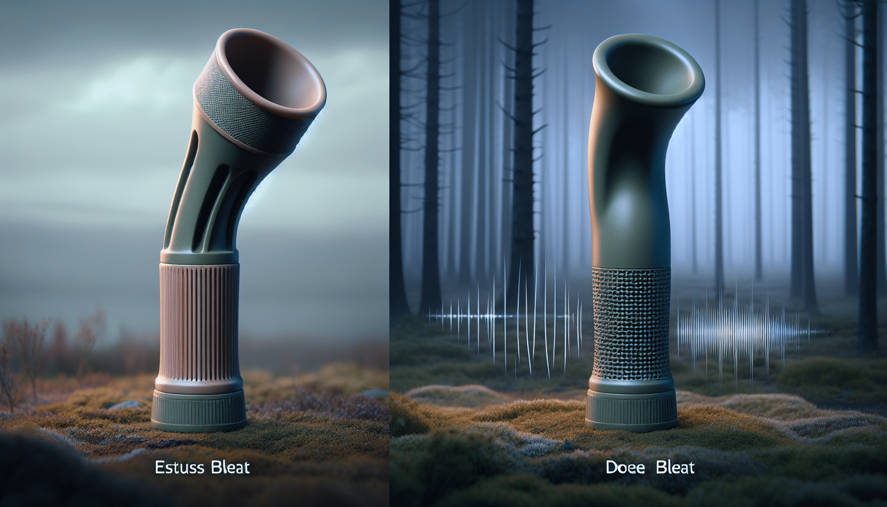 A hyper-realistic image showing two different types of deer calls. On the left, visualize an estrus bleat: a cylindrical shape in muted colors with a curved, ridged mouthpiece at one end. Illustrate it producing a sound wave to indicate it in use, but without any textual representation of the sound. On the right, depict a doe bleat: a slightly different design, perhaps shown in a contrasting color or shape, also with a sound wave emanating from it. Background is an atmospheric forest environment, subtly suggesting the practical application of these tools, with no human presence.