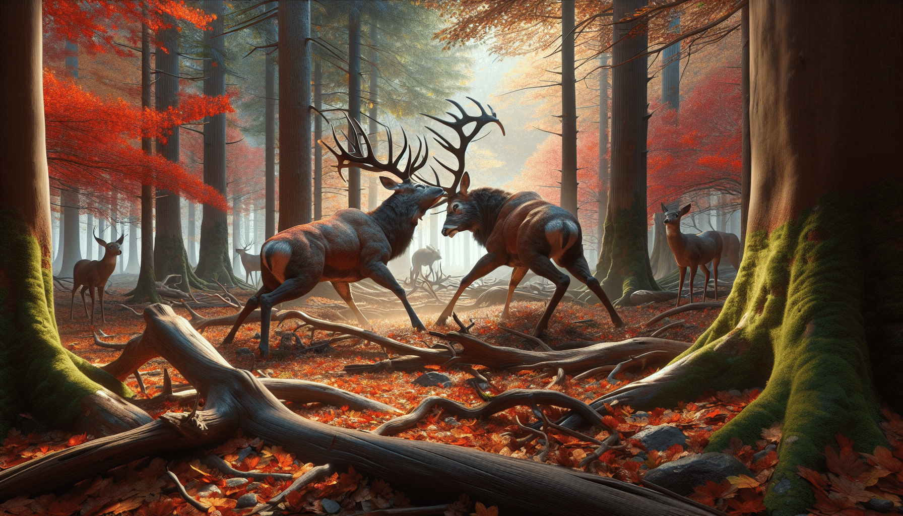 A highly realistic and detailed scene in the middle of a dense forest during the rutting season. Flowing maple trees are surrounded by fallen leaves of vibrant oranges and reds. In the foreground, two impressive buck deer are locking antlers, their muscles straining as they vie for dominance. Their breaths are visible in the crisp autumn air. Nearby, a single doe watches the competition attentively, her fur glistening in the dappled sunlight that filters through the trees. The image is free of any brand names, logos, or human characters.