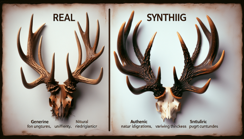 A hyper-realistic depiction considering the comparison between authentic and synthetic rattling antlers. On one side of the image, depict genuine rattling antlers, showing the intricate detail, natural irregularities, and uniqueness that comes from nature. The rustic brown, roughened texture, and varying thickness of the branches in the antlers should be visible. On the other side, present synthetic rattling antlers, characterized by uniformity, less distinct texture, and a seemingly perfect, polished look. Make sure no text, human figures, brand names, or logos appear in the image. Put emphasis on differentiating characteristics to relay the real versus synthetic aspect.