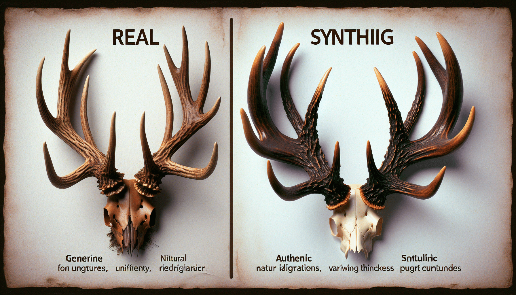 A hyper-realistic depiction considering the comparison between authentic and synthetic rattling antlers. On one side of the image, depict genuine rattling antlers, showing the intricate detail, natural irregularities, and uniqueness that comes from nature. The rustic brown, roughened texture, and varying thickness of the branches in the antlers should be visible. On the other side, present synthetic rattling antlers, characterized by uniformity, less distinct texture, and a seemingly perfect, polished look. Make sure no text, human figures, brand names, or logos appear in the image. Put emphasis on differentiating characteristics to relay the real versus synthetic aspect.