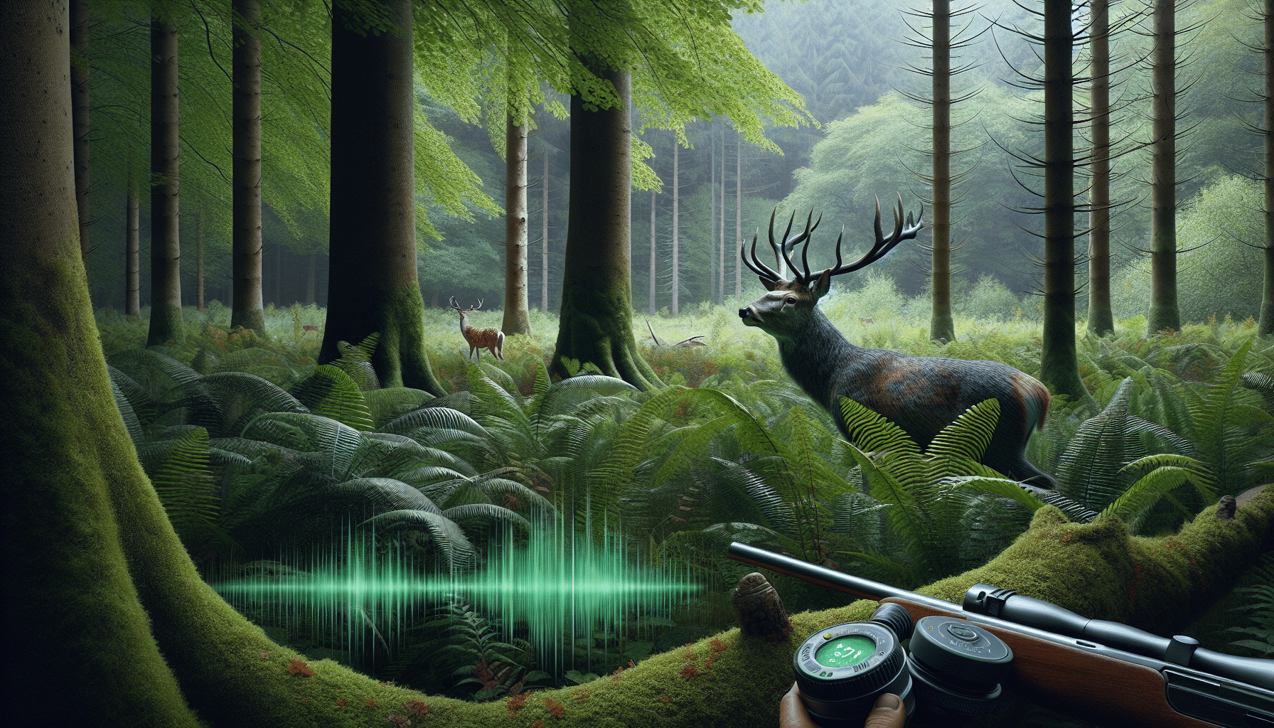 A hyper-realistic image showing a still forest scene, full of vibrant green foliage and towering trees. The predominant focus is on an intricately detailed deer, poised with one ear turned back as if listening. Nearby, a hunter's hand can be seen out of frame, holding an antler rattling device. There are subtle depictions of soundwaves emanating from the rattling device, suggesting a noise being produced but all around is serene. Remember, no people, text, or brand logos are visible in this image.