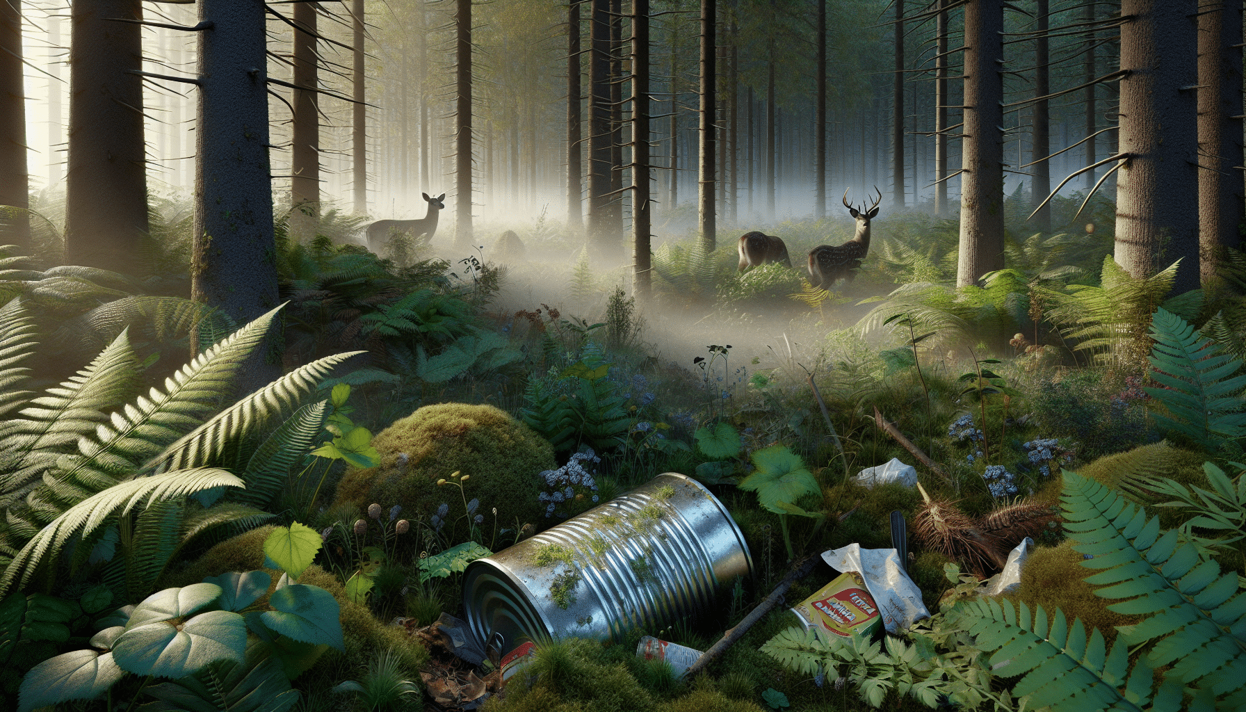 A hyper-realistic depiction of a tranquil woodland scene during the early dawn. Mist is delicately rising from the forest floor, past the dense array of various woodland flora. The morning sunlight breaks through the canopy, highlighting a conspicuous metal object hidden amongst the foliage - a rusted tin can. In the background, a wary deer is poised to take flight at the slightest sound, its ears perked and head turned towards the unnoticed tin can. On the forest floor near the can, evidences of human activity such as discarded food wrappers and crumpled paper lie silent and inert.