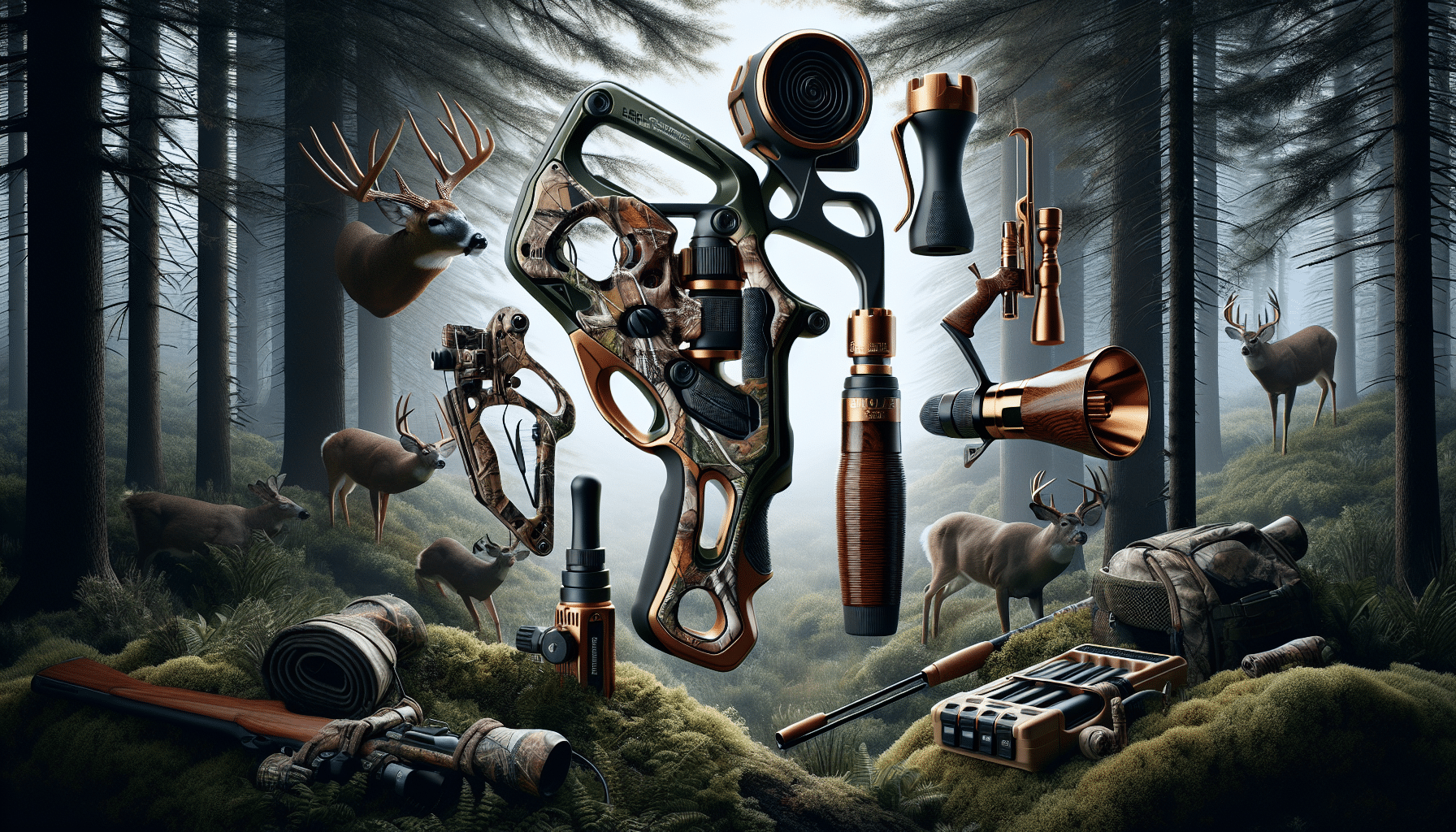 A hyper-realistic image representing the essence of hunting gear review, focusing on two central items that are fundamental for hunting but devoid of any specific branding or labeling. On the left, a versatile, multi-function hunting tool with a modern feel, representing the Flextone Headhunter. It has an ergonomic design mixed with a camo pattern and is surrounded by various terrains indicating its adaptability. On the right, an elegant and simple hunting gear, symbolizing the Illusion Systems Call. The gear is streamlined with a rich wooden finish set against a dense forest background, emphasizing its natural affinity. There are no people, logos, brand names, or text in the image.