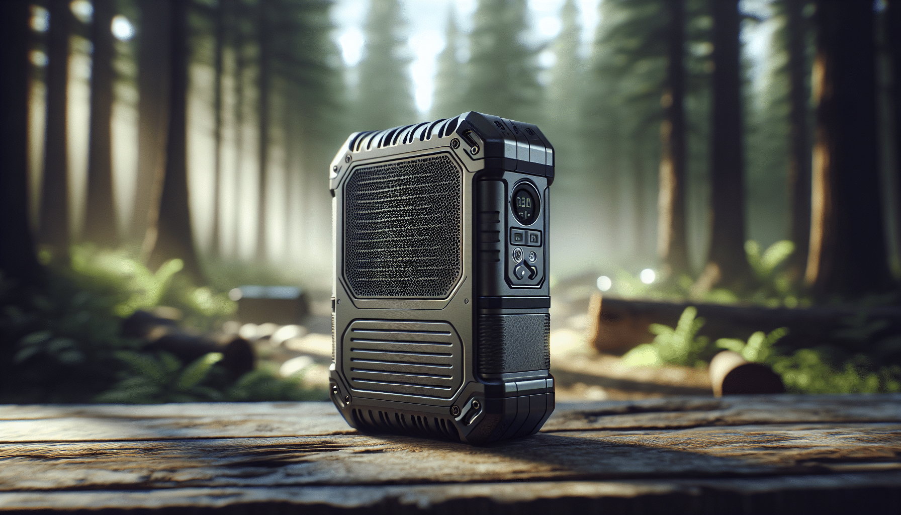 Create an image that is hyper-realistic. This image is meant to represent a generic review of a high-tech, outdoor product generally used for air purification in the form of a sleek, compact, modern-looking device. It resembles a portable air purifier typically used in hunting or outdoor activities, with a look that suggests cutting-edge technology and effectiveness. Its surface is a mix of matte black and metallic finishes, with a few distinct buttons and indicators that suggest various operational modes. It is situated in an outdoors setting, maybe a forest or a camping area, to suggest that it is often used outside. The device is sitting on a rough wooden table, the woods in the background diffused in a beautiful bokeh, highlighting the product. However, the image will not include any people, brand names, logos, or text. The light and shadow interplay on the device, and its sleek design stands out in the rustic outdoors setting.