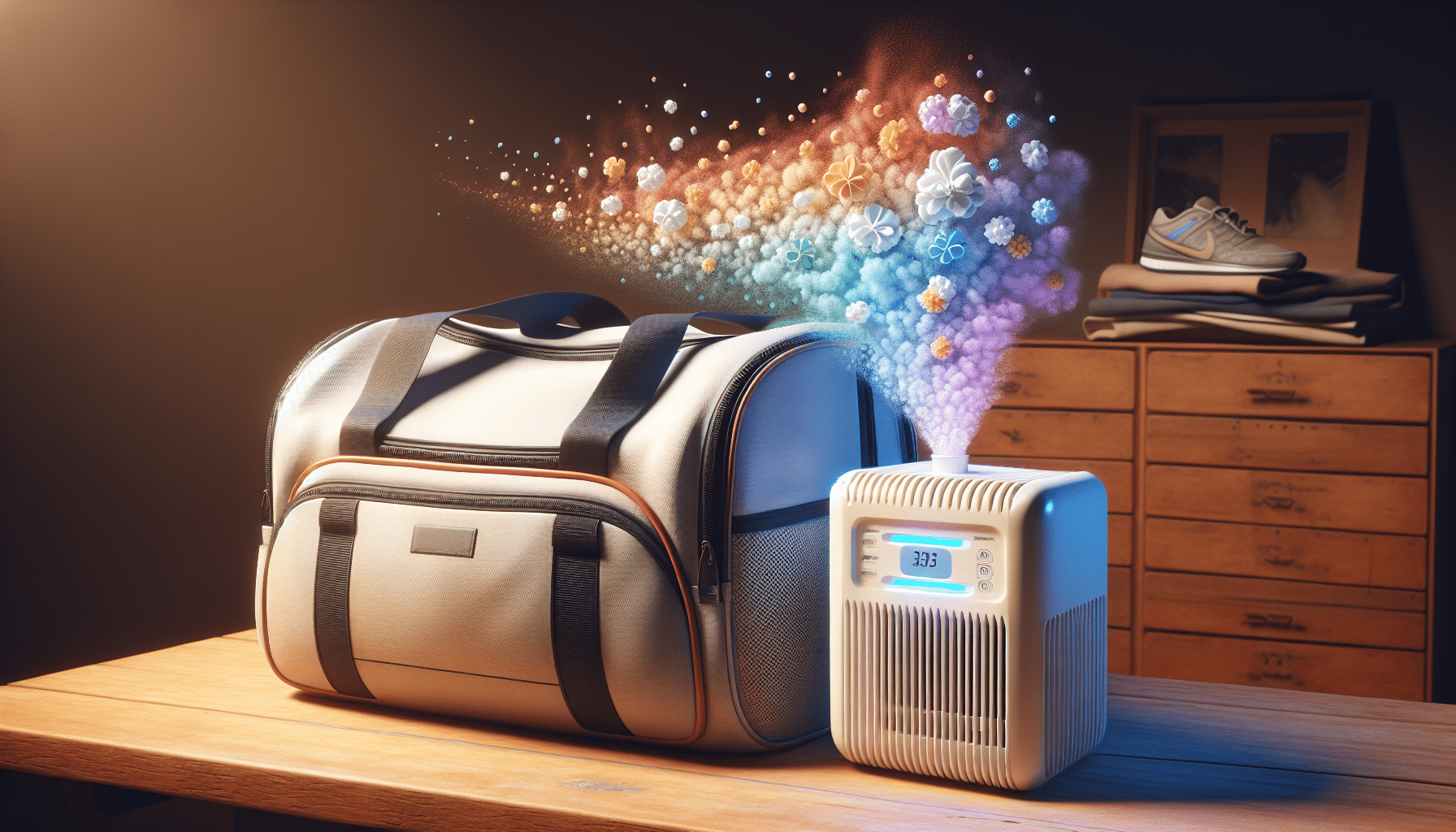 A highly realistic image of an open, empty sports duffle bag. Beside it, an illustrative representation of scent particles symbolized as tiny colorful clouds, slowly being dispersed and replaced by a wave of cool, refreshing breeze. On the other side of the bag, visualize an off-white ozone generator with blue LED lights, its surface subtly gleaming, suggesting its operation. The overall scene is under warm, soft lighting and placed on a wooden table. Please exclude any human figures, labels, logos, branding, or textual content on any objects in the scene.