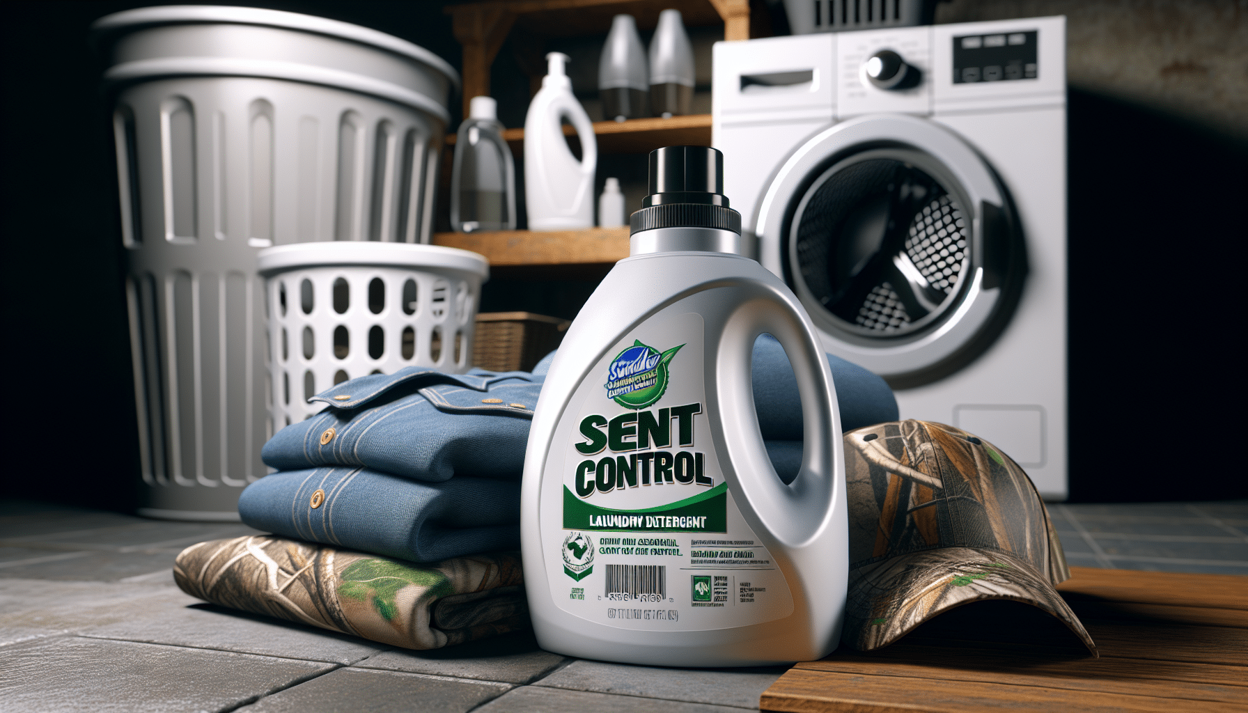 A detailed, hyper-realistic image of a laundry room. Focus on displaying a bottle of scent control laundry detergent, it should be generic, without any text or brand names, represented on it. The bottle should appear well designed, possibly hinting its special formula for scent control. Additionally, depict hunting gear like a camouflage jacket and a hat, not branded, laid out nearby, waiting to be washed. Ensure the room gives off a clean and organized atmosphere. The background should have a washing machine, a laundry basket and other common laundry room items, all generic and without text.