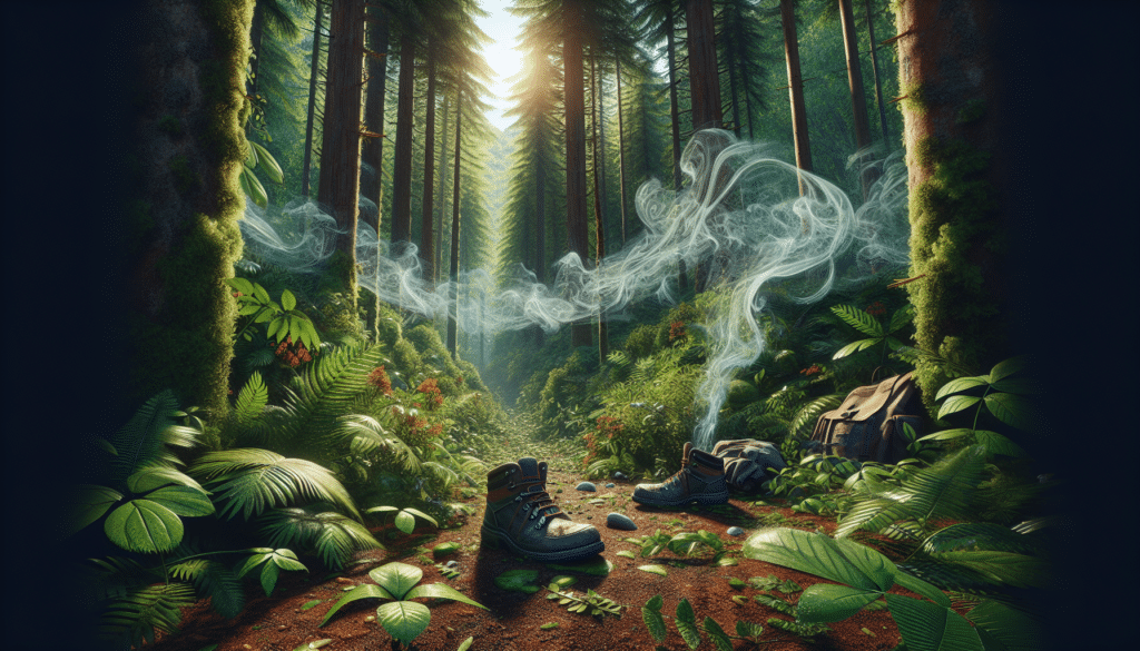 A hyper realistic, vivid depiction displaying a dense forest full of rich vegetation. We can see drifting scent molecules, represented as faintly visible, swirling wisps. These are emanating from a pair of empty hiking boots and a left-behind backpack on the forest floor. There is dew on the green leaves, the sun peeks through the dense tree canopy above, and the earthy brown soil is visible. No human figures, no text, and no brand logos are present. The image delivers a visual narrative about the lingering human scent in the woods without any explicit description.