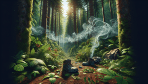 A hyper realistic, vivid depiction displaying a dense forest full of rich vegetation. We can see drifting scent molecules, represented as faintly visible, swirling wisps. These are emanating from a pair of empty hiking boots and a left-behind backpack on the forest floor. There is dew on the green leaves, the sun peeks through the dense tree canopy above, and the earthy brown soil is visible. No human figures, no text, and no brand logos are present. The image delivers a visual narrative about the lingering human scent in the woods without any explicit description.