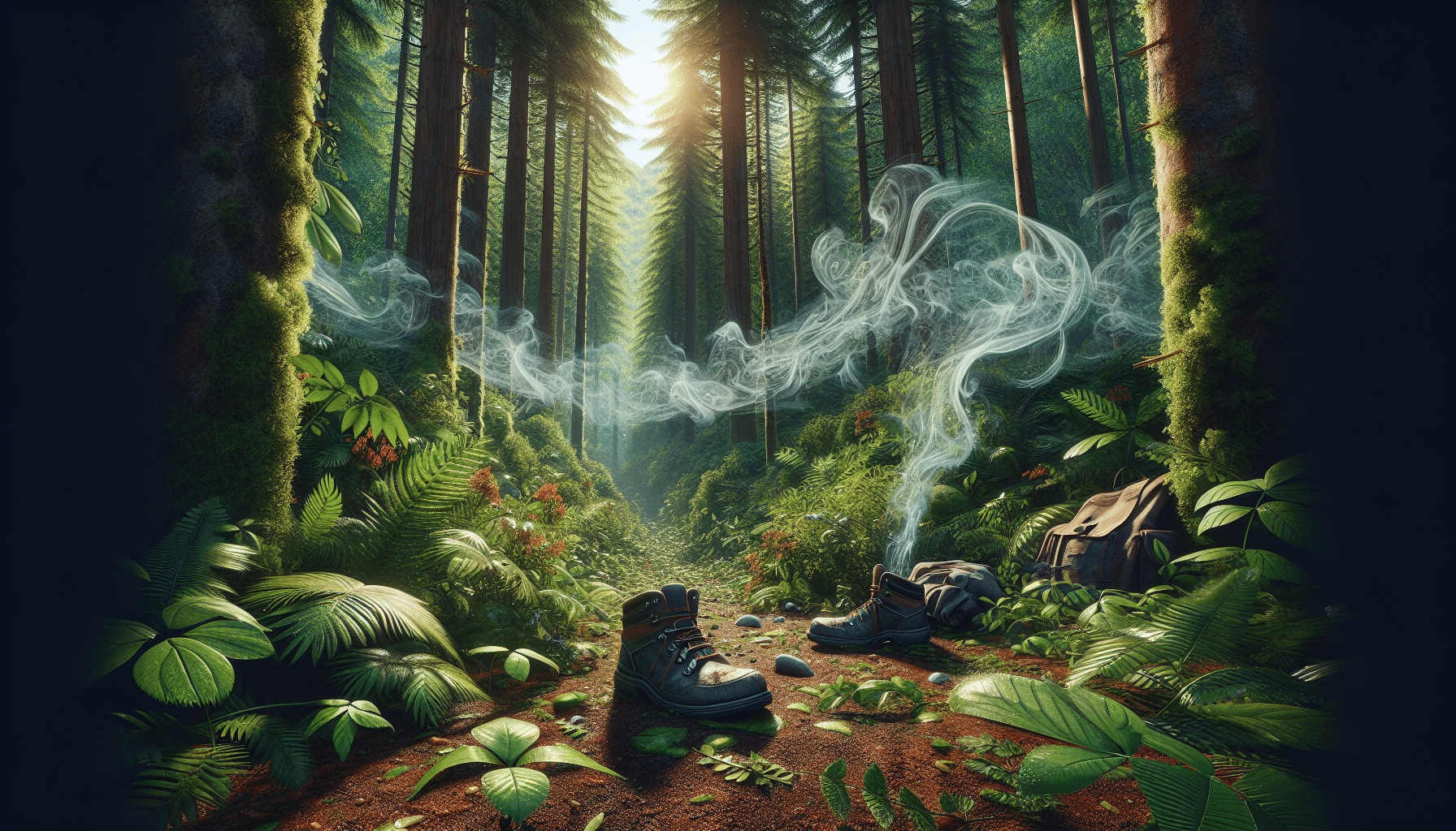 A hyper realistic, vivid depiction displaying a dense forest full of rich vegetation. We can see drifting scent molecules, represented as faintly visible, swirling wisps. These are emanating from a pair of empty hiking boots and a left-behind backpack on the forest floor. There is dew on the green leaves, the sun peeks through the dense tree canopy above, and the earthy brown soil is visible. No human figures, no text, and no brand logos are present. The image delivers a visual narrative about the lingering human scent in the woods without any explicit description.