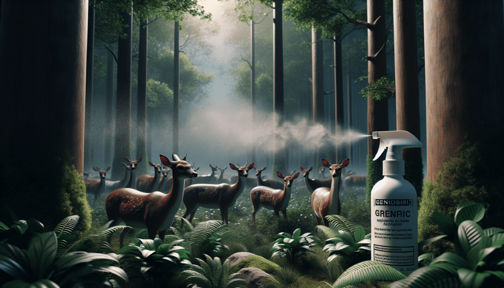 A hyper-realistic image showcasing a serene forest scene. A group of deer is serene amidst the flora, their attention seemingly drawn toward an invisible source, deduced by their raised snouts and focused eyes. Nearby, a generic, unbranded spray bottle, emptying a fine mist into the air. The particles swirl, eventually disappearing and leaving the viewer to wonder about their effect on the deer. Neither humans nor text are present in the scene, emphasizing the natural tranquility and the curious, unspoken interaction between the mist and the deer.