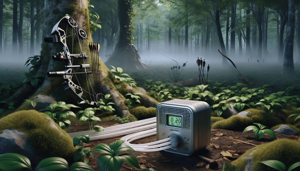 A hyper-realistic image that depicts a scent control system designed for bow hunting. Set in an outdoor environment filled with dense foliage, the scent control device sits on the forest floor, inconspicuous and camouflaged. It has a compact design, blending seamlessly with the surrounding greenery. Tubes, possibly contain scent-neutralizing agents, extend from the device and dissipate into the air, signifying the act of masking the hunter's scent. In the background, subtly included, are bows and arrows casually leaned against a nearby tree, indicating the device's purpose. No persons, text, brand names, or logos are included in the scene.