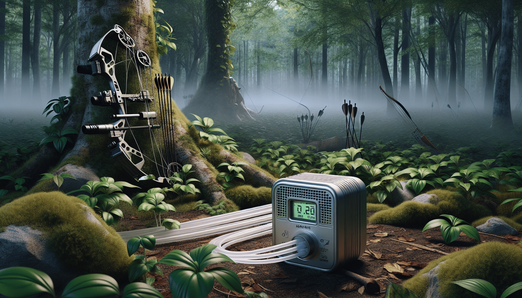 A hyper-realistic image that depicts a scent control system designed for bow hunting. Set in an outdoor environment filled with dense foliage, the scent control device sits on the forest floor, inconspicuous and camouflaged. It has a compact design, blending seamlessly with the surrounding greenery. Tubes, possibly contain scent-neutralizing agents, extend from the device and dissipate into the air, signifying the act of masking the hunter's scent. In the background, subtly included, are bows and arrows casually leaned against a nearby tree, indicating the device's purpose. No persons, text, brand names, or logos are included in the scene.