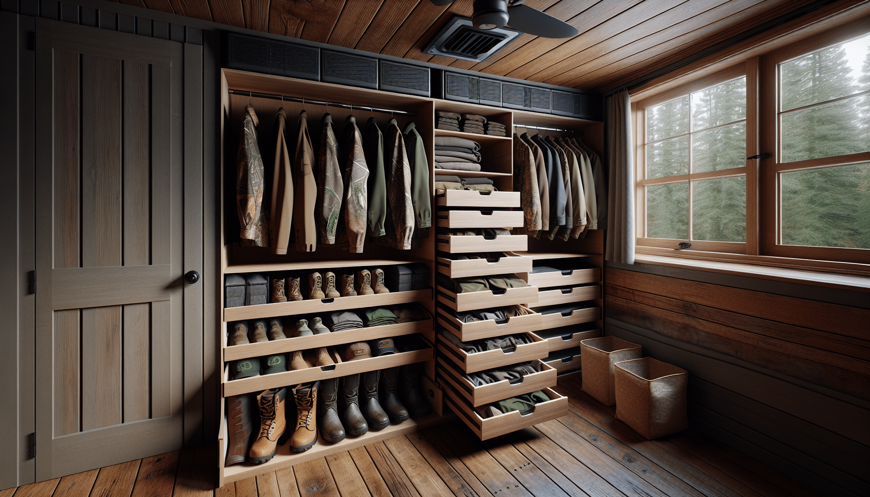 Produce a hyperrealistic image of an organized, pull-out drawer system. The drawer system must be designed to hold various hunting attire including jackets, pants, boots, gloves, and hats. A pair of charcoal sachets and a ceiling ventilation system are in the room to keep the clothes scent-free. The entire room has a rustic wooden finish, suggesting a rural cabin setting. Natural light is seeping in from a small window, casting a comforting glow on the room. There is no text visible anywhere in the image and no brand logos or identifiers are present.
