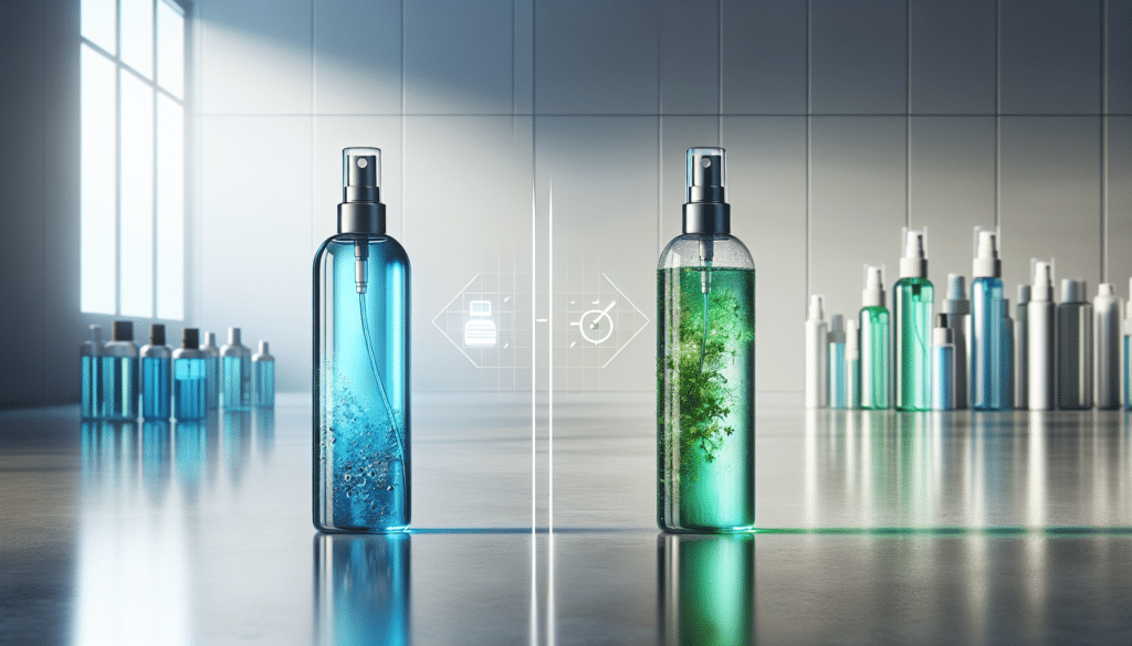 Hyper-realistic image of two unbranded, scent elimination products in a comparison scenario. On the left, visualize a sleek, modern looking spray bottle filled with a blue liquid implying advanced technology. On the right, represent a more traditional looking spray bottle filled with green liquid suggesting natural ingredients. Include a dividing line down the middle to represent the comparison. The environment in which they stand consists of a clean, glossy surface reflecting the bottles, and a blurry, neutral background to relay focus onto the products.