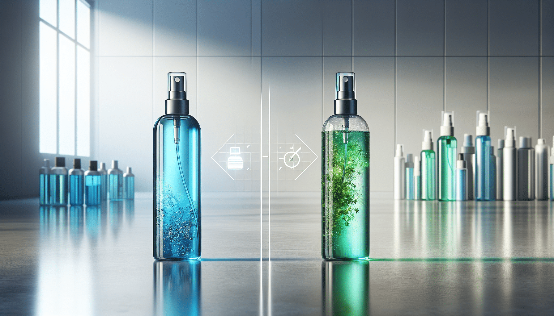 Hyper-realistic image of two unbranded, scent elimination products in a comparison scenario. On the left, visualize a sleek, modern looking spray bottle filled with a blue liquid implying advanced technology. On the right, represent a more traditional looking spray bottle filled with green liquid suggesting natural ingredients. Include a dividing line down the middle to represent the comparison. The environment in which they stand consists of a clean, glossy surface reflecting the bottles, and a blurry, neutral background to relay focus onto the products.