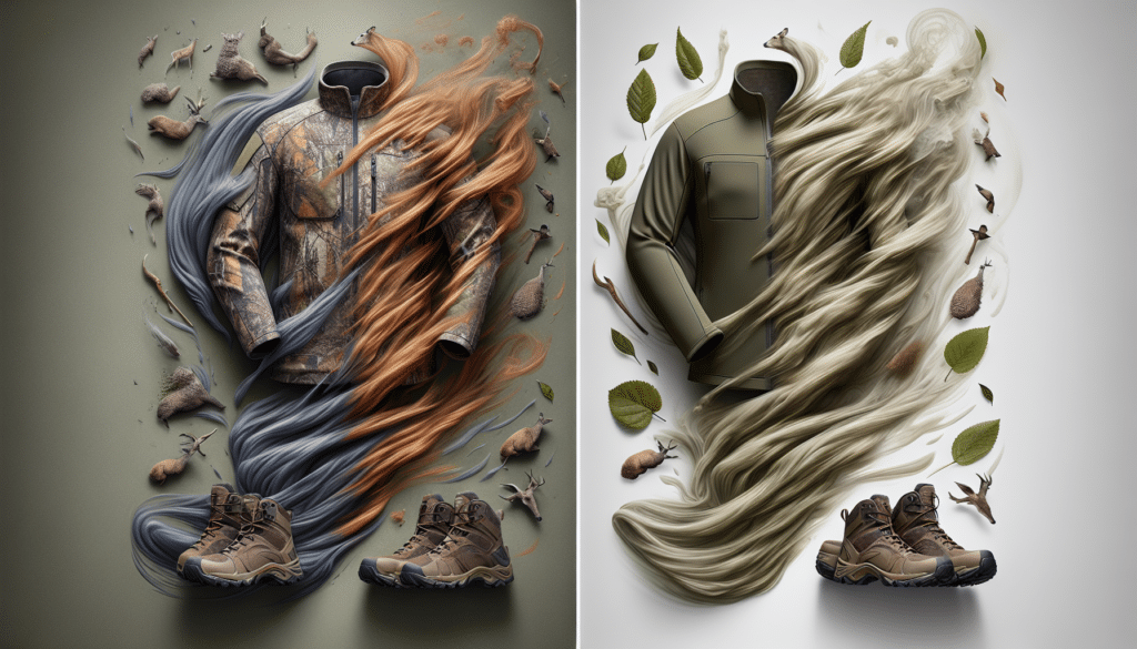 A hyper-realistic image presenting a contrast between two hunting technologies. On the left, depict a piece of hunting gear such as a jacket or boots in olive green color, signifying the effectiveness of carbon tech without explicit brand names, logos or text. Show the piece of gear surrounded by visual cues of its odor-blocking function, like faded, ethereal swirls being deflected away. The right side portrays another piece of hunting gear in earth tone brown, without any explicit brand logos or text, also surrounded by similar cues of odor-blocking effectiveness, perhaps with a distinct visual flair to show a different technology.