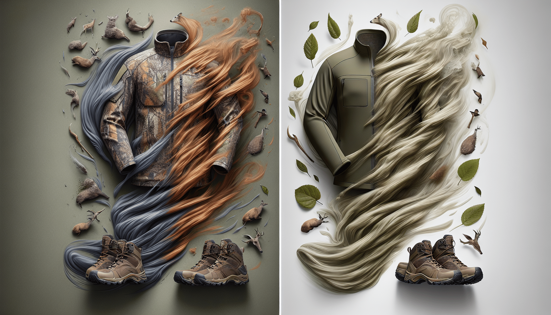 A hyper-realistic image presenting a contrast between two hunting technologies. On the left, depict a piece of hunting gear such as a jacket or boots in olive green color, signifying the effectiveness of carbon tech without explicit brand names, logos or text. Show the piece of gear surrounded by visual cues of its odor-blocking function, like faded, ethereal swirls being deflected away. The right side portrays another piece of hunting gear in earth tone brown, without any explicit brand logos or text, also surrounded by similar cues of odor-blocking effectiveness, perhaps with a distinct visual flair to show a different technology.