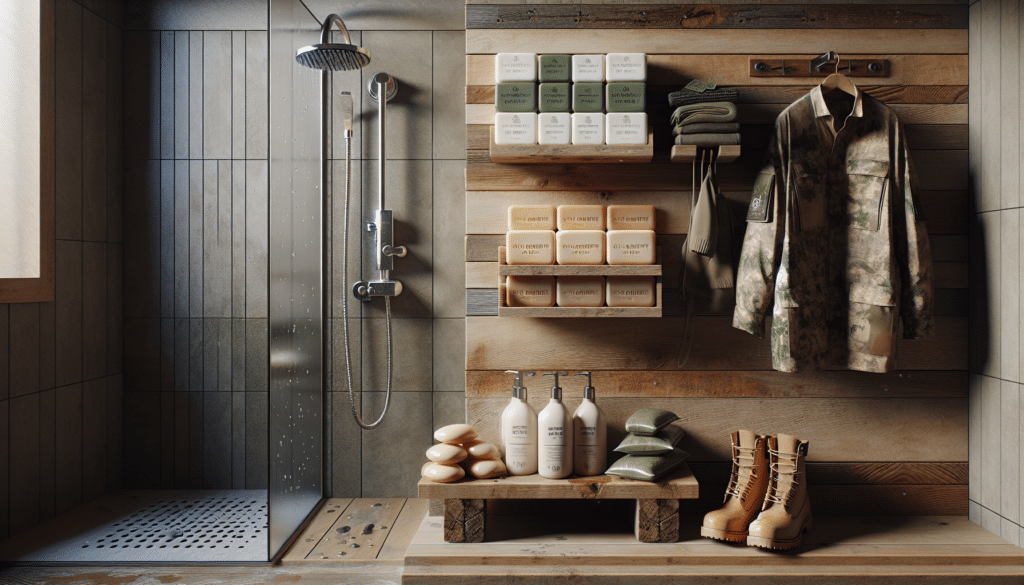 Create a hyper-realistic image showcasing the preparation stage of a scent-free shower. The scene is set in a rustic, minimalist bathroom with wood paneling and metal fixtures. On a wooden shelf, arrange multiple neutral-scented soap bars of various natural colors and an unscented shampoo bottle, both label-less. Prominently display a shower head with droplets of water hinting at a recently-used shower. Beside the bathroom, provide a glimpse of hunting gear, such as a camouflaged outfit and boots, ready for the next phase. No humans or brand logos are present.