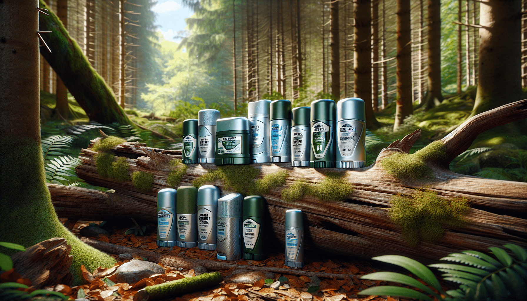 Hyper-realistic image of various scent-free deodorants, specifically designed for hunters. The deodorants are shown in a natural outdoor setting, balanced perfectly on an old log, surrounded by the lush greenery of a forest. Moss covers parts of the log and leaves are strewn around casually. Although the deodorants are devoid of branding or text, they are shown in various designs and sizes, indicative of different varieties. The sunlight filters through the dense forest canopy, casting interesting shadows and dapples on the deodorants and their surrounding giving a realistic touch.