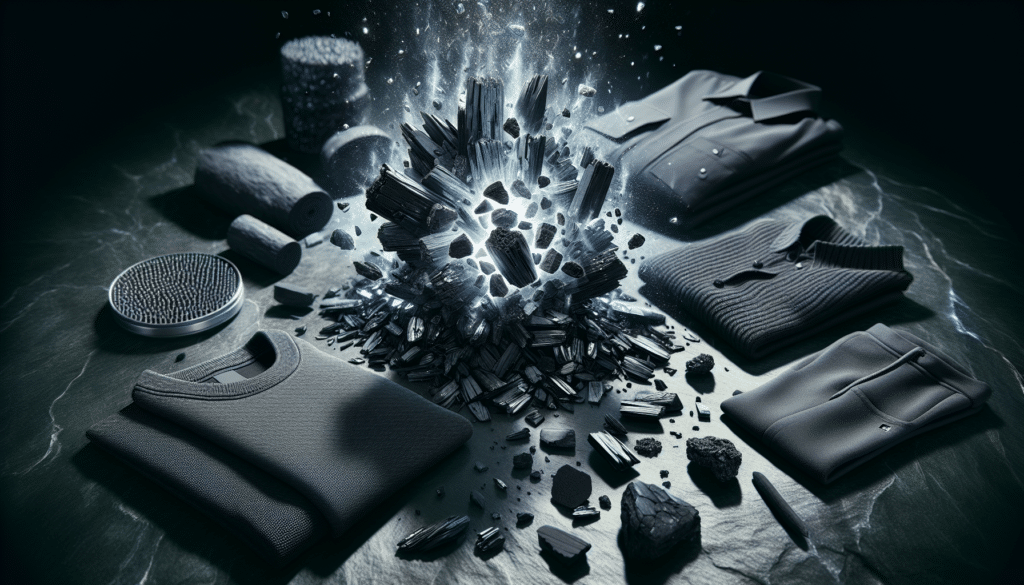 A detailed, hyper-realistic image of activated charcoal in its raw form, gleaming in shards set against dark, slate-like textured background. Various pieces of clothing, such as a shirt, pants, and a hat, are a few inches from the charcoal, enveloped in radiant light, representing the infusion of activated carbon in them. For added context, slightly blurred in the background, there should be a microscopic view showing activated carbon's porous structure. The clothing does not have any visible text or brand logos, just subtle shades of black, grey and white, showcasing their purity from branding.