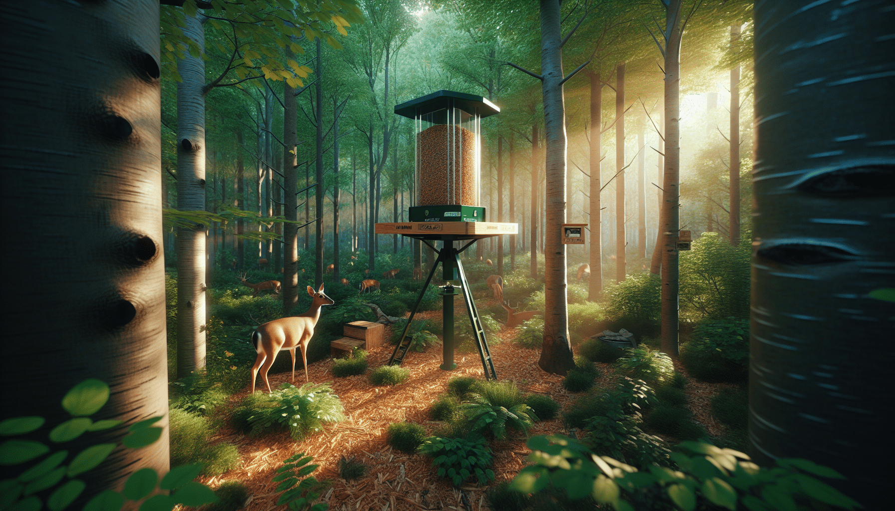 Imagine a hyper-realistic woodland scene. It is thick with an array of trees, bushes, and mulch scattered all over. Sunlight filters delicately through the dense foliage. In the heart of this forest resides a deer feeder, the best one designed for such dense forests. It is sturdily built, blending harmoniously with the surroundings. It is efficiently designed with a gravity-based system to distribute feed, a wide dispersion scope ensures reach to the hidden corners of the woodland. A deer has just approached it, curiously inspecting the device. No human figures, brand names, or text are present in this scene.