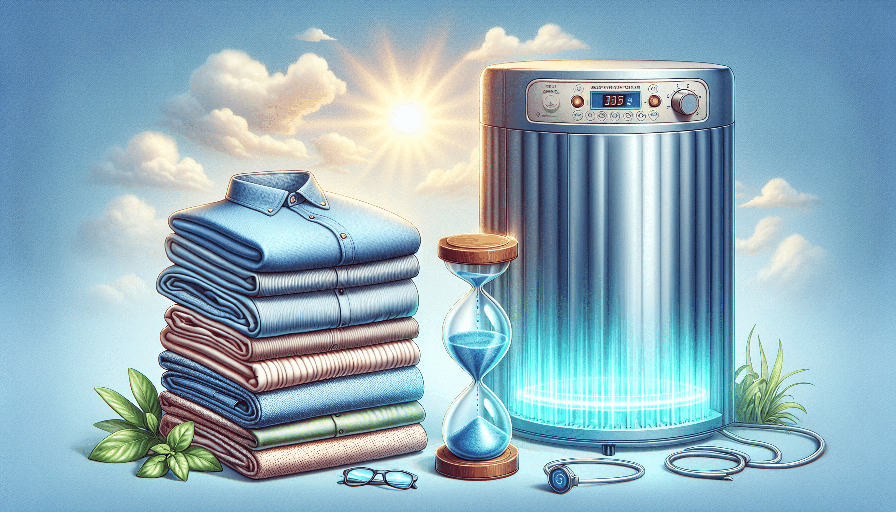 Illustrate a hyper-realistic image, devoid of text, brand names, and humans. Picture a neatly folded stack of various clothes such as shirts, trousers, and skirts. Adjacent to it is an ozone generating machine, with a soft blue glow indicating its operation. In the background, softly portray natural elements like sunshine and fresh air, signifying the ongoing ozone treatment. For context, include a simple hourglass, subtly hinting at the passage of time associated with ozone treatment on clothes.