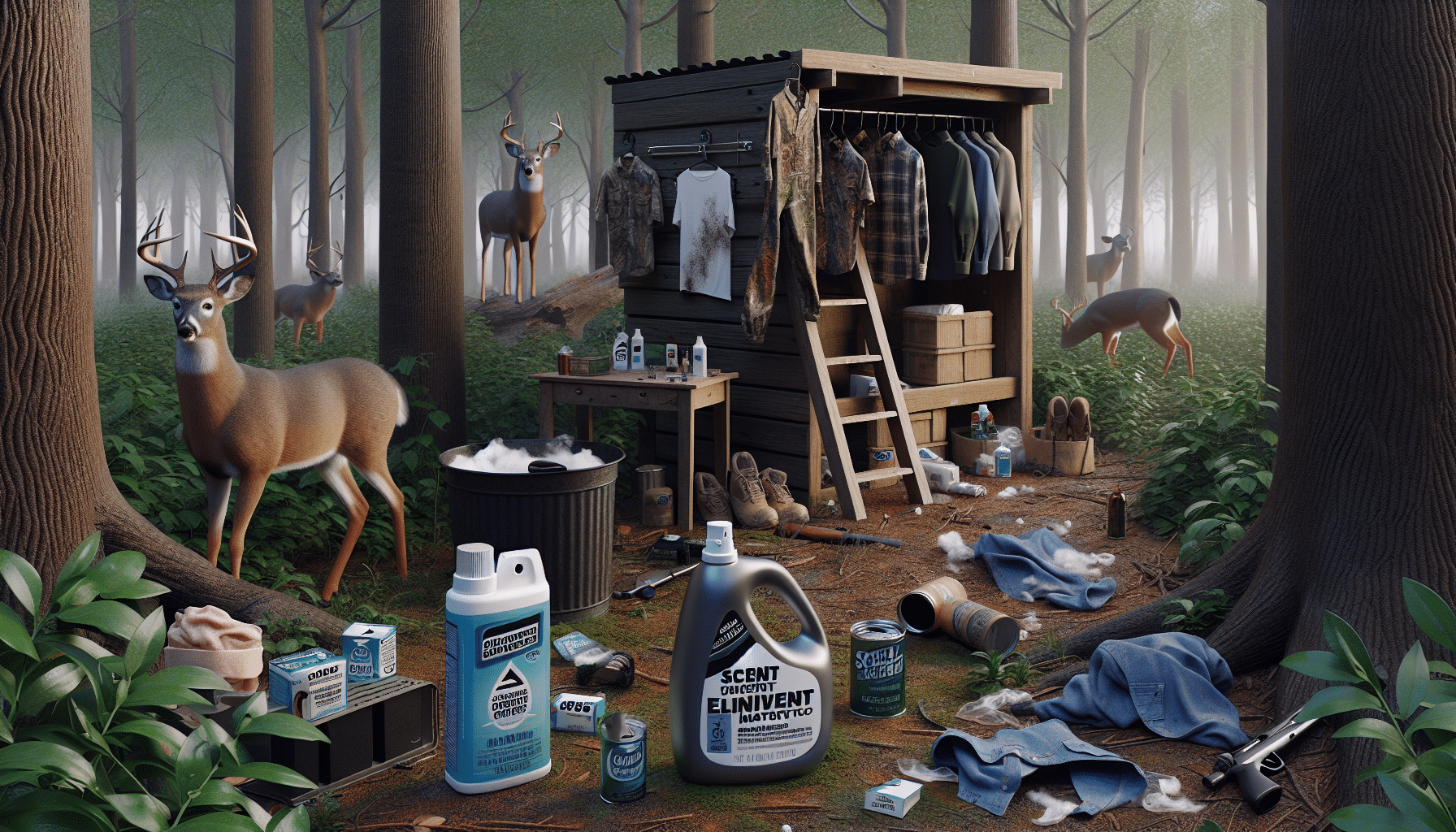 A hyper-realistic image of a typical hunting scene in a dense woodland area. There are signs of scent control mistakes ruining the hunt: spilled scent elimination spray near a hunting stand, used clothes hung out in the open attracting unwanted attention, aggressive use of attractant scents near hunting blinds. Unopened packages of scent-free laundry detergent and body soap suggest unsuccessful implementation of scent control. Nearby, a pair of deer curiously inspect the area, alert and suspicious due to the scent errors. All items are generic and devoid of text and brand names.
