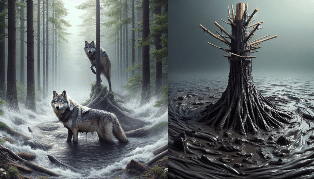 Create a hyper realistic scene comparing a lone wolf and a tree stand mired in mud, without any text or brand names. The wolf is to be depicted in isolation, symbolizing the 'Lone Wolf', fur bristling, eyes fierce and alert, standing in tall, untamed wilderness. In contrast, depict a tree stand, stirred into a sludge of sticky darkness, indicating the 'Muddy Tree Stand', with waterlogged wood sinking into the soil. The scene should highlight the comparison between the two in an environmental and metaphorical context.
