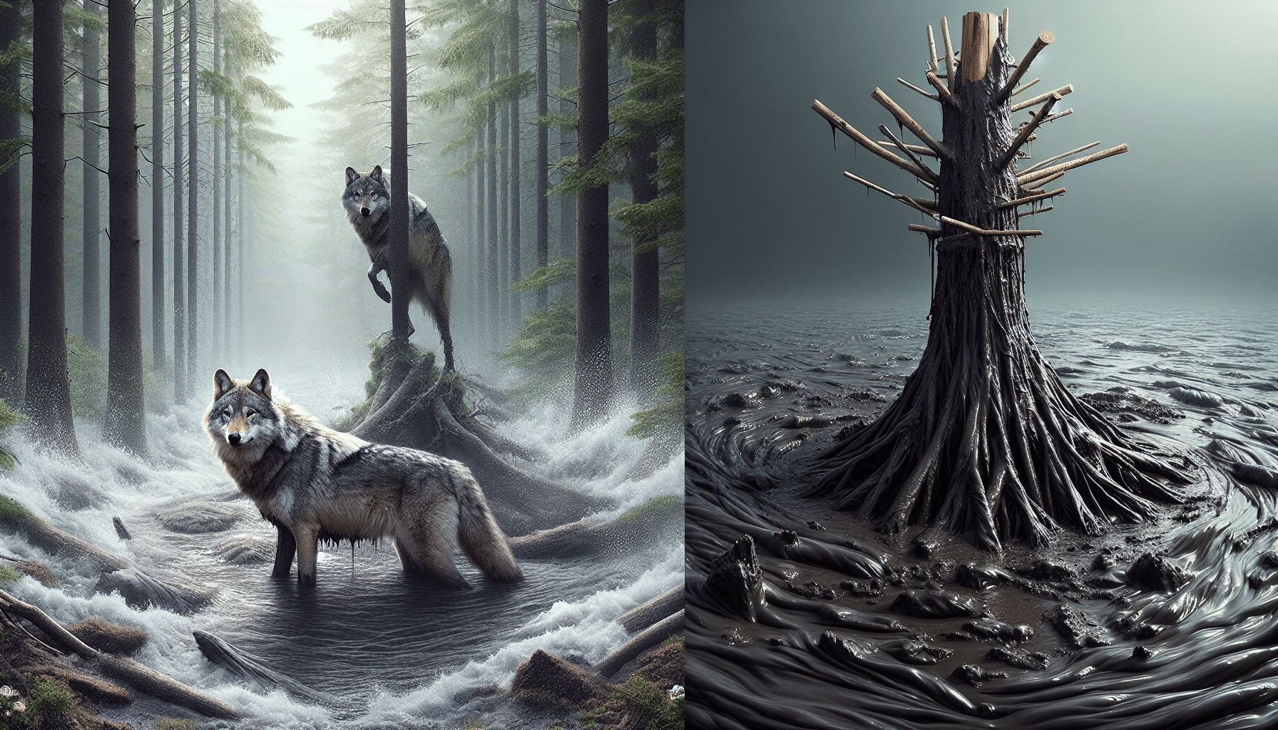 Create a hyper realistic scene comparing a lone wolf and a tree stand mired in mud, without any text or brand names. The wolf is to be depicted in isolation, symbolizing the 'Lone Wolf', fur bristling, eyes fierce and alert, standing in tall, untamed wilderness. In contrast, depict a tree stand, stirred into a sludge of sticky darkness, indicating the 'Muddy Tree Stand', with waterlogged wood sinking into the soil. The scene should highlight the comparison between the two in an environmental and metaphorical context.