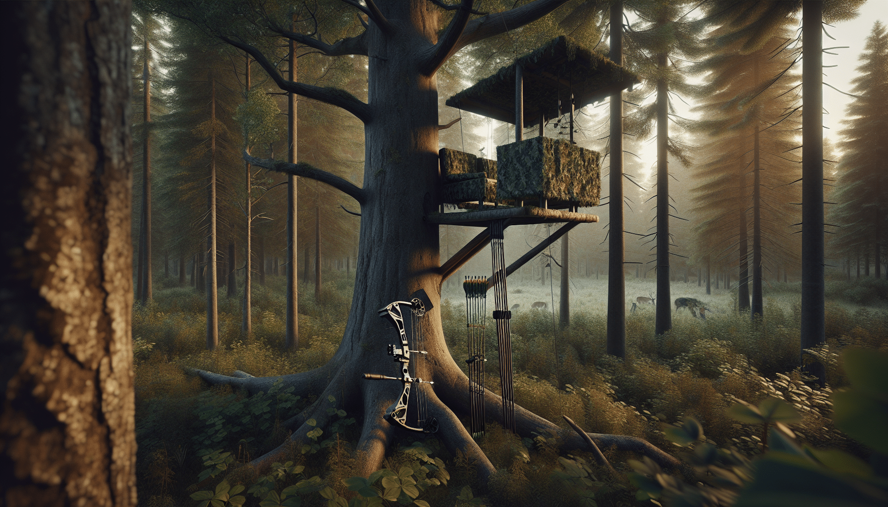 A hyper-realistic artwork representing an ideal setup for bow hunting. The focus is on a sturdy, naturally camouflaged tree stand, hidden among the branches of a tall forest tree. The stand is at a height that overlooks a clearing in the dense woodland, suggesting a prime location for observing wildlife. The equipped bow and arrows are leaning against the tree trunk, their silhouette nicely contrasting with the light coming from the setting sun. There are no people, text, brand names, or logos present in this wilderness scene.