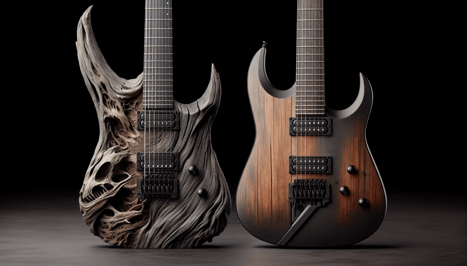 A highly detailed hyper-realistic representation of two distinct guitars without any text or branding. One guitar has the fierce, rugged aesthetic of a 'Lone Wolf,' symbolized by weathered driftwood texture and a muted, earthy color palette. Its strings curl elegantly over the neck, a potent symbol of solitude and independence. The second guitar embodies the brutal efficiency of an 'Assault,' with sleek colours of black and grey, a razor-sharp design, and an aggressive stance. No people or recognizable brand elements should be present, only the shining aesthetic expression of rustic wilderness versus modern might.