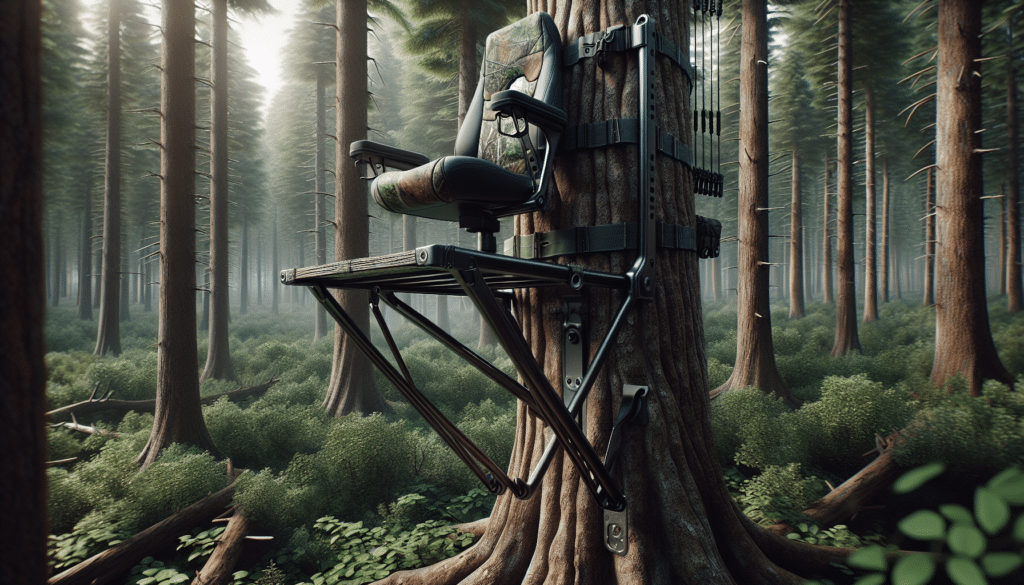 Create a hyper-realistic image displaying a heavy-duty hang on stand used for hunting, camouflaged with the surrounding forest. The stand is attached high up on a rugged, bark-laden tree. The seat of the stand is cushioned and comfortable, ensuring an all-day sit. There are sturdy metal foot-rests for convenience. The scene captures the tranquillity and wilderness of a dense forest, with the hang-on stand subtly blending into the landscape. No text, brand names, logos, or people should be visible in the image. Viewers should get a sense of solitude and peace ideal for all-day sits.