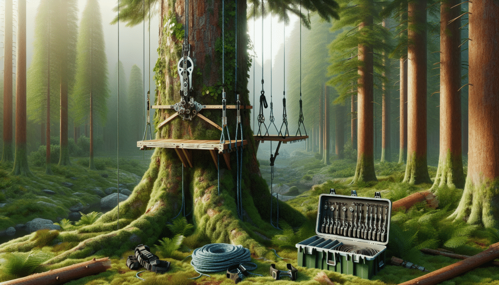 Create a hyper-realistic image of a tranquil forest scene. In the center, a sturdy tree with thick, textured bark and verdant foliage is visible. A high-quality, unbranded tree stand with an elaborate pulley system for installation is depicted next to it. Some safety gear like a harness and rope are neatly organized nearby, implying that they are ready to be used for the installation task. The environment is imbued with a sense of solitude, underscoring the theme of doing this activity alone. Please ensure no people, text, or brand logos are included.