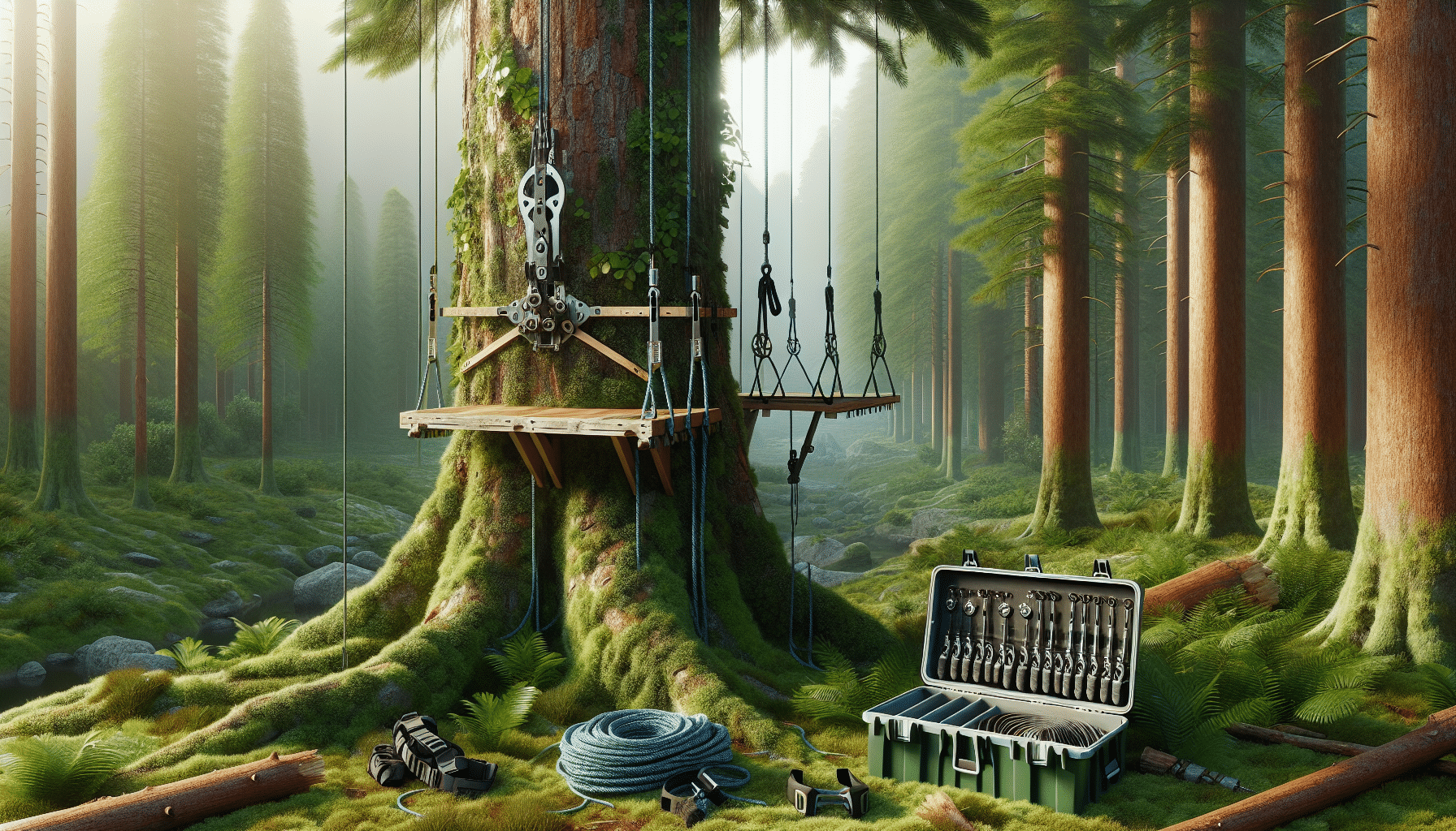Create a hyper-realistic image of a tranquil forest scene. In the center, a sturdy tree with thick, textured bark and verdant foliage is visible. A high-quality, unbranded tree stand with an elaborate pulley system for installation is depicted next to it. Some safety gear like a harness and rope are neatly organized nearby, implying that they are ready to be used for the installation task. The environment is imbued with a sense of solitude, underscoring the theme of doing this activity alone. Please ensure no people, text, or brand logos are included.